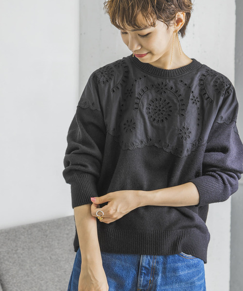 URBAN RESEARCH（アーバンリサーチ）の「カットワークレースドッキングニット（ニット/セーター・レディース・ブラック/オフホワイト・FREE）」の7枚目の写真