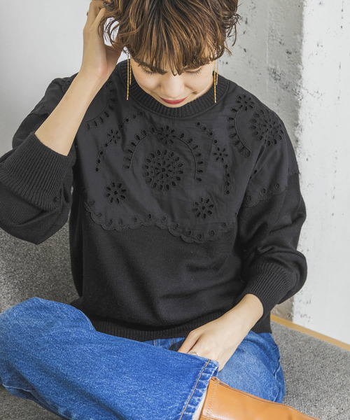 URBAN RESEARCH（アーバンリサーチ）の「カットワークレースドッキングニット（ニット/セーター・レディース・ブラック/オフホワイト・FREE）」の8枚目の写真