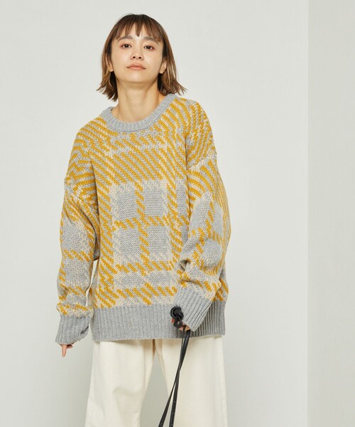 FREAK'S STORE（フリークスストア）の「チェック柄ニット（ニット/セーター・レディース・ネイビー/イエロー・ﾌﾘ-）」の4枚目の写真