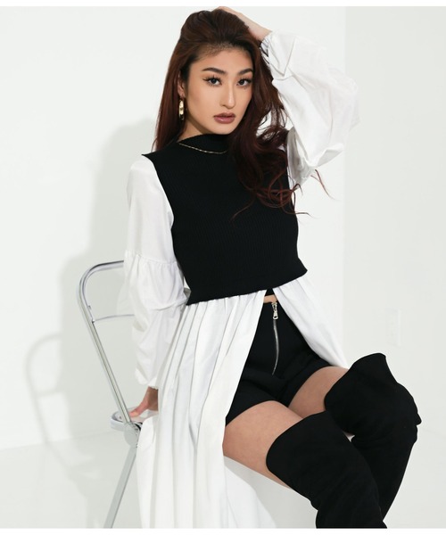 LATINA（ラティーナ）の「ドッキングディープスリットロングトップスカットソー（Tシャツ/カットソー・レディース・サックスブルー/ラベンダー/ブラック・FREE）」の4枚目の写真