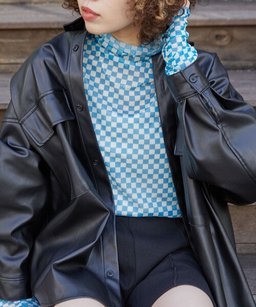 PUBLUX（パブリュクス）の「【PUBLUX/パブリュクス】 チェッカーフラッグ柄チュールシアートップス（Tシャツ/カットソー・レディース・ブラック/ブラウン/ライトグリーン/ブルー・ﾌﾘ-）」の12枚目の写真