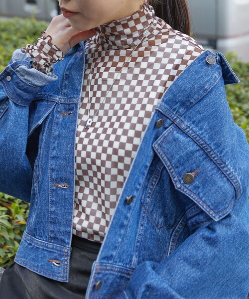 PUBLUX（パブリュクス）の「【PUBLUX/パブリュクス】 チェッカーフラッグ柄チュールシアートップス（Tシャツ/カットソー・レディース・ブラック/ブラウン/ライトグリーン/ブルー・ﾌﾘ-）」の3枚目の写真