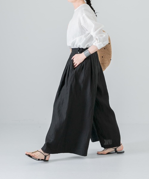 【美品】mon Sakata リネン フカタックパンツ グレー×ブラック リネンタッチ・セミワイドパンツ/40代50代からのレディース