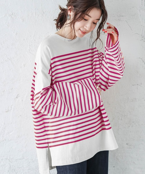 La-gemme(ラジェム)の「バスクボーダービッグロングTシャツ(Tシャツ/カットソー・レディース・オレンジ/ピンク/ブルー/ブラック・フリー)」の1枚目の写真