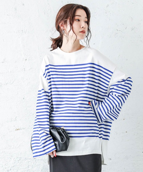 La-gemme(ラジェム)の「バスクボーダービッグロングTシャツ(Tシャツ/カットソー・レディース・オレンジ/ピンク/ブルー/ブラック・フリー)」の3枚目の写真