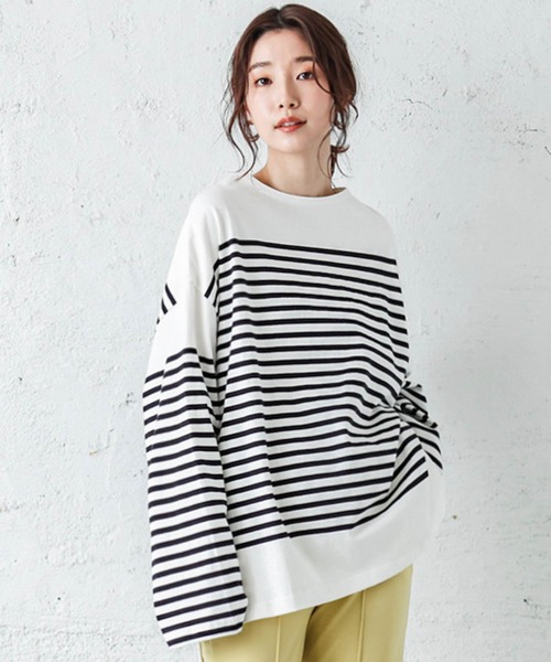 La-gemme(ラジェム)の「バスクボーダービッグロングTシャツ(Tシャツ/カットソー・レディース・オレンジ/ピンク/ブルー/ブラック・フリー)」の2枚目の写真