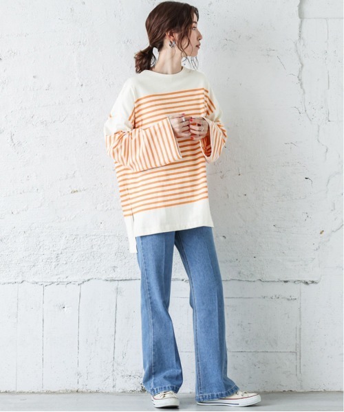 La-gemme(ラジェム)の「バスクボーダービッグロングTシャツ(Tシャツ/カットソー・レディース・オレンジ/ピンク/ブルー/ブラック・フリー)」の8枚目の写真