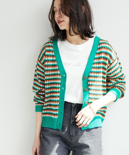 Green　Parks（グリーンパークス）の「透かし柄レトロニットカーディガン（カーディガン/ボレロ・レディース・サックスブルー/グリーン・FREE）」の2枚目の写真