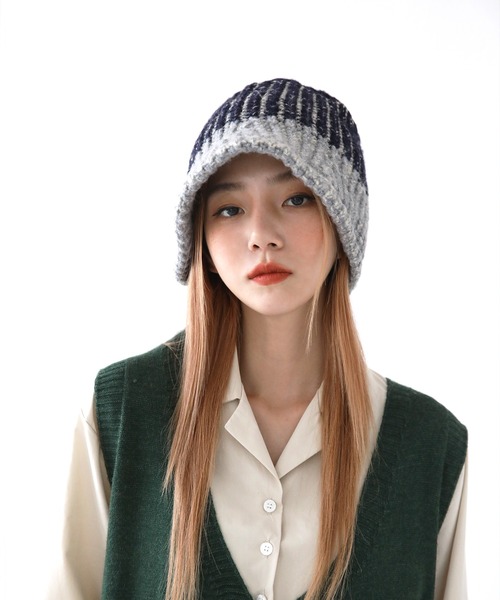 UNE MANSION（ユヌマンション）の「ツーカラー配色ニットハット（ニットキャップ/ビーニー・レディース・グリーン/グレー/ブラウン/ベージュ・ONE SIZE）」の6枚目の写真
