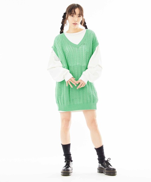 X-girl（エックスガール）の「CROCHET VEST（ベスト・レディース・オフホワイト/ブラック/ライトグリーン・ONE SIZE）」の8枚目の写真