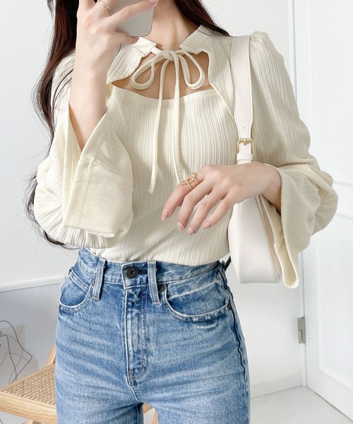 mily bilet(ミウィビレット)の「【mily bilet】上品なガーリーさ。レイヤード風リボンキャンディスリーブトップス(シャツ/ブラウス・レディース・アイボリー/ブラック/ブルー/ベージュ系その他・LARGE/X-LARGE/SMALL/MEDIUM)」の13枚目の写真