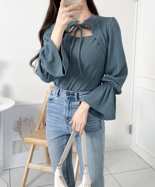 mily bilet(ミウィビレット)の「【mily bilet】上品なガーリーさ。レイヤード風リボンキャンディスリーブトップス(シャツ/ブラウス・レディース・アイボリー/ブラック/ブルー/ベージュ系その他・LARGE/X-LARGE/SMALL/MEDIUM)」の11枚目の写真