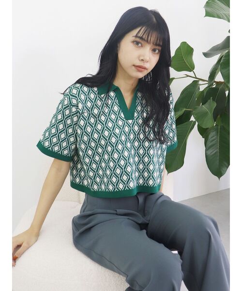 モノグラムハーフスリーブシャツ　CHAROL　シャツ　レディース quaranciel:〈手洗い可能〉バンドカラー ハーフスリーブ