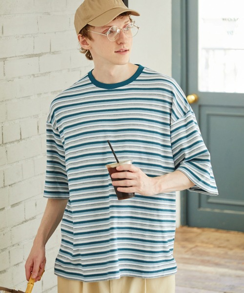 オーバーサイズ クラシックマルチボーダー サマーニットライク半袖T