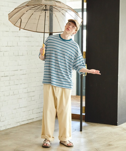 EMMA CLOTHES（エマクローズ）の「オーバーサイズ クラシックマルチボーダー サマーニットライク半袖Tシャツ EMMA CLOTHES（Tシャツ/カットソー・メンズ・グレー/ブルー/ブラック/ネイビー/イエロー・L/M）」の22枚目の写真