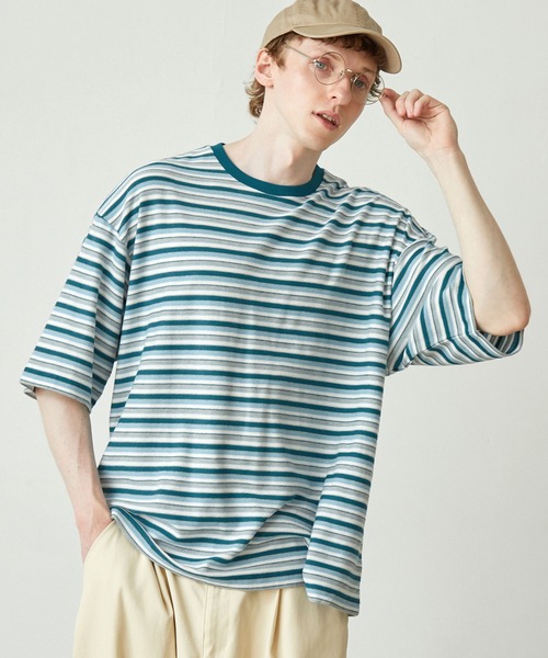 オーバーサイズ クラシックマルチボーダー サマーニットライク半袖T