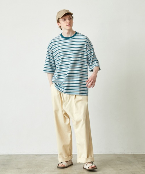 EMMA CLOTHES（エマクローズ）の「オーバーサイズ クラシックマルチボーダー サマーニットライク半袖Tシャツ EMMA CLOTHES（Tシャツ/カットソー・メンズ・グレー/ブルー/ブラック/ネイビー/イエロー・L/M）」の17枚目の写真