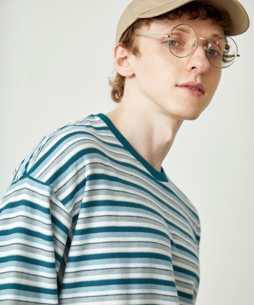 EMMA CLOTHES（エマクローズ）の「オーバーサイズ クラシックマルチボーダー サマーニットライク半袖Tシャツ EMMA CLOTHES（Tシャツ/カットソー・メンズ・グレー/ブルー/ブラック/ネイビー/イエロー・L/M）」の18枚目の写真