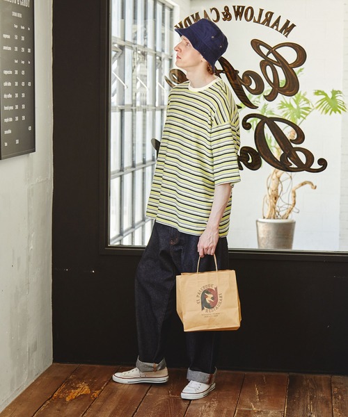 EMMA CLOTHES（エマクローズ）の「オーバーサイズ クラシックマルチボーダー サマーニットライク半袖Tシャツ EMMA CLOTHES（Tシャツ/カットソー・メンズ・グレー/ブルー/ブラック/ネイビー/イエロー・L/M）」の20枚目の写真