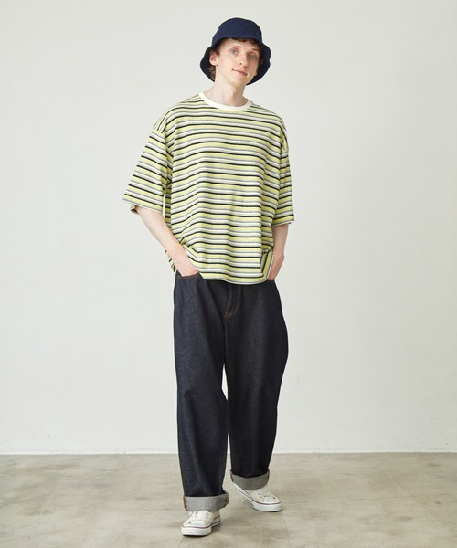 EMMA CLOTHES（エマクローズ）の「オーバーサイズ クラシックマルチボーダー サマーニットライク半袖Tシャツ EMMA CLOTHES（Tシャツ/カットソー・メンズ・グレー/ブルー/ブラック/ネイビー/イエロー・L/M）」の9枚目の写真