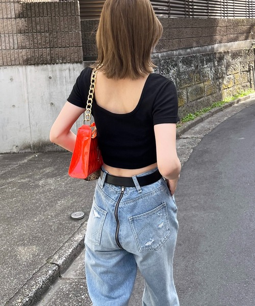 SPIRALGIRL(スパイラルガール)の「ホックデザインワッフルショートトップス(Tシャツ/カットソー・レディース・ブラック/グリーン/ホワイト・FREE)」の6枚目の写真