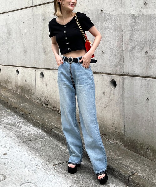 SPIRALGIRL(スパイラルガール)の「ホックデザインワッフルショートトップス(Tシャツ/カットソー・レディース・ブラック/グリーン/ホワイト・FREE)」の4枚目の写真