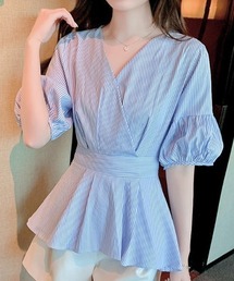 ストライプ柄カシュクールブラウス