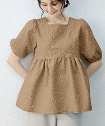 バックボタン半袖チュニックブラウス