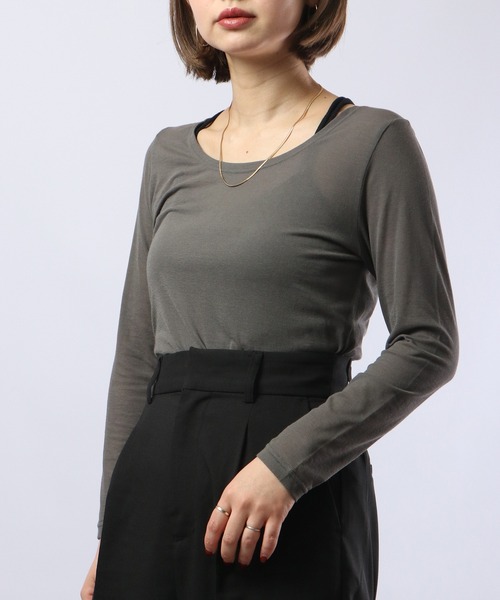 BRODIAEA(ブローディア)の「BRODIAEA コットンシフォン スーパーストレッチ ラウンドネック プルオーバー(Tシャツ/カットソー・レディース・グリーン/ベージュ/チャコール/オフホワイト/ブラック/グレー/ターコイズブルー/ピンク/ロイヤルブルー・40)」の14枚目の写真