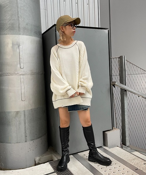 CIAOPANIC(チャオパニック)の「ステッチ入りダメージケーブルニット(ニット/セーター・レディース・ブラック/グレー/ブルー/ホワイト・L/M)」の8枚目の写真
