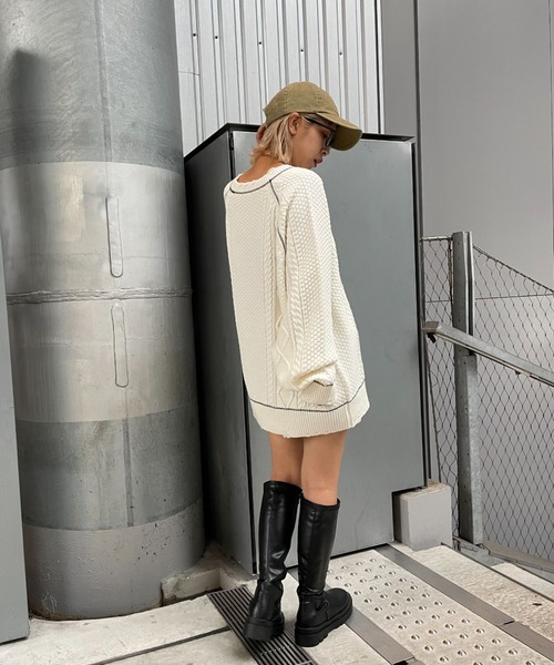 CIAOPANIC(チャオパニック)の「ステッチ入りダメージケーブルニット(ニット/セーター・レディース・ブラック/グレー/ブルー/ホワイト・L/M)」の10枚目の写真
