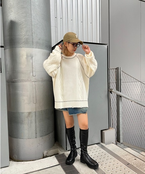 CIAOPANIC(チャオパニック)の「ステッチ入りダメージケーブルニット(ニット/セーター・レディース・ブラック/グレー/ブルー/ホワイト・L/M)」の12枚目の写真
