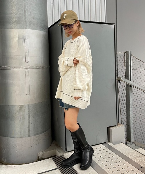CIAOPANIC(チャオパニック)の「ステッチ入りダメージケーブルニット(ニット/セーター・レディース・ブラック/グレー/ブルー/ホワイト・L/M)」の9枚目の写真