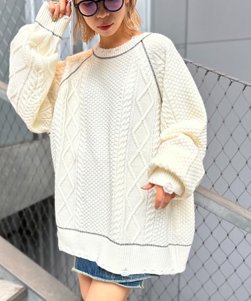 CIAOPANIC(チャオパニック)の「ステッチ入りダメージケーブルニット(ニット/セーター・レディース・ブラック/グレー/ブルー/ホワイト・L/M)」の16枚目の写真