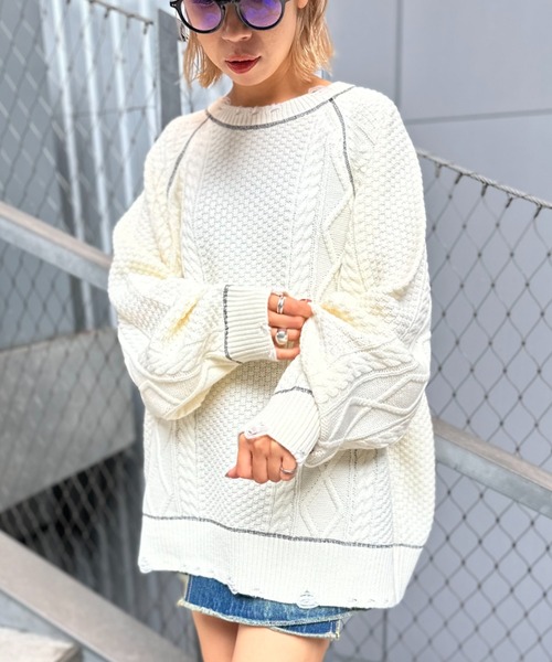 CIAOPANIC(チャオパニック)の「ステッチ入りダメージケーブルニット(ニット/セーター・レディース・ブラック/グレー/ブルー/ホワイト・L/M)」の17枚目の写真