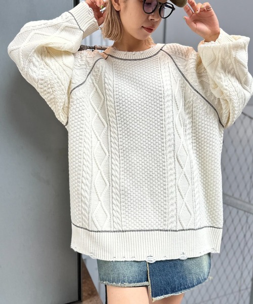 CIAOPANIC(チャオパニック)の「ステッチ入りダメージケーブルニット(ニット/セーター・レディース・ブラック/グレー/ブルー/ホワイト・L/M)」の6枚目の写真