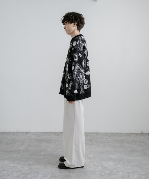 オーバーサイズジャガードペイズリー柄クルーネックニットセーター