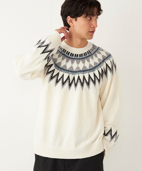 SHIPS Colors（シップス カラーズ）の「SHIPS Colors:〈洗濯機可能〉ジャカード モール ニット（ニット/セーター・メンズ・オフホワイト/ネイビー/ベージュ/グレー/グレー系その他・MEDIUM/LARGE）」の2枚目の写真