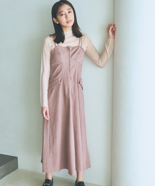 mysty woman（ミスティウーマン）の「フロントZIPキャミワンピ　101907（ワンピース・レディース・ホワイト系その他/チャコールグレー/ピンク・FREE）」の3枚目の写真