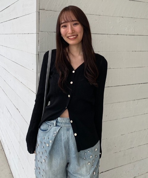 rienda(リエンダ)の「シアーストライプニットトップス 春服(ニット/セーター・レディース・ブラック/スモークピンク/パープル/ホワイト・FREE)」の2枚目の写真