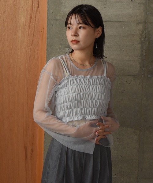 Amiur(エミレ)の「tulle bustier set sheer tops / チュールビスチェセットシアートップス(Tシャツ/カットソー・レディース・ブラック/グレー・FREE)」の2枚目の写真