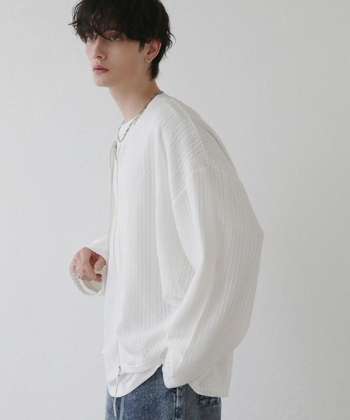 LILL（リル）の「ルーズシルエットシアーメッシュメタルZIPカーディガン（カーディガン/ボレロ・メンズ・ホワイト/ブラック・L/M/S/XL）」の7枚目の写真