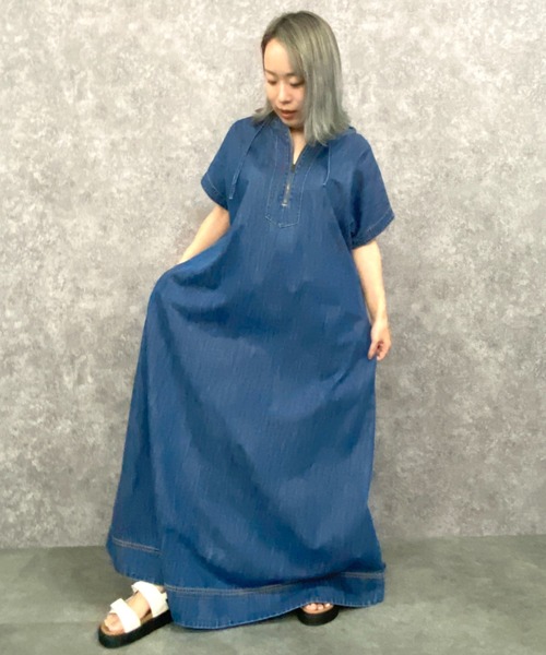 GEVS.(ジェイヴィス)の「綿100%デニムパーカーマキシワンピース <大きいサイズ有>GEVS.(ワンピース・レディース・ネイビー系/ブルー系・LL/3L/4L/5L/L/M)」の6枚目の写真