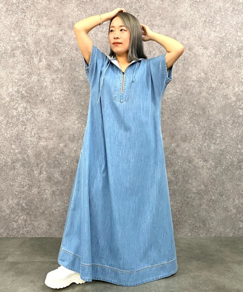 GEVS.(ジェイヴィス)の「綿100%デニムパーカーマキシワンピース <大きいサイズ有>GEVS.(ワンピース・レディース・ネイビー系/ブルー系・LL/3L/4L/5L/L/M)」の9枚目の写真