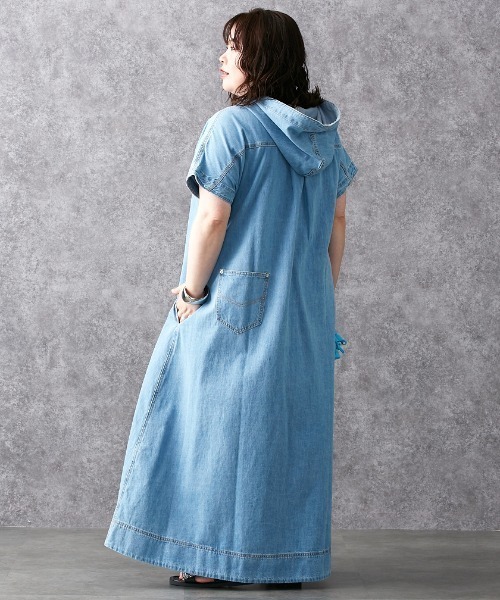 JUICYXMOOMIN <100着限定>（別注） デニム切替パーカーワンピース 綿100％デニムパーカーマキシワンピース ＜大きいサイズ有＞GEVS