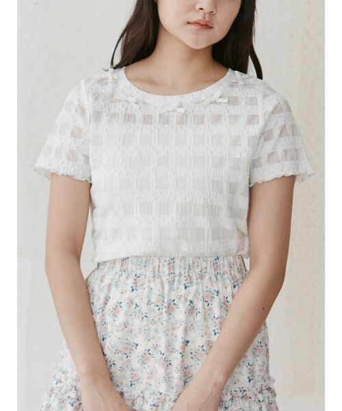 merry jenny（メリージェニー）の「ribbonシアーチェックtee（Tシャツ/カットソー・レディース・ブラック/オフホワイト・FREE）」の2枚目の写真