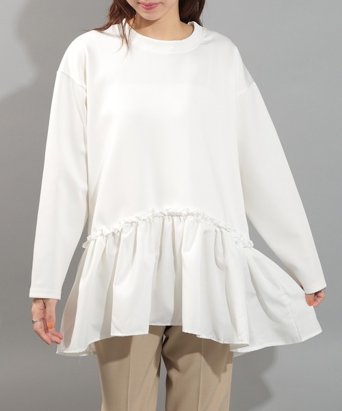 SETUP7（セットアップセブン）の「【SETUP7】異素材 長袖 フリルスウェット カットソー SCCH538（Tシャツ/カットソー・レディース・ブラック/ホワイト・FREE）」の12枚目の写真