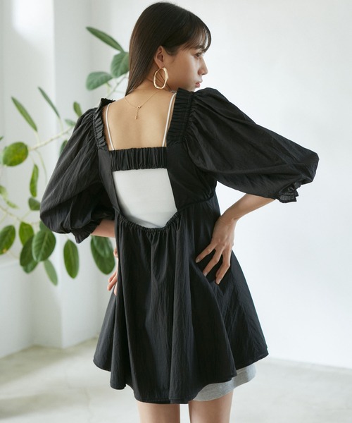 セール】パフスリーブナイロンチュニックブラウス（シャツ/ブラウス