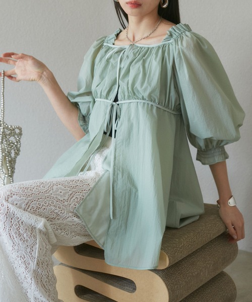 セール】パフスリーブナイロンチュニックブラウス（シャツ/ブラウス