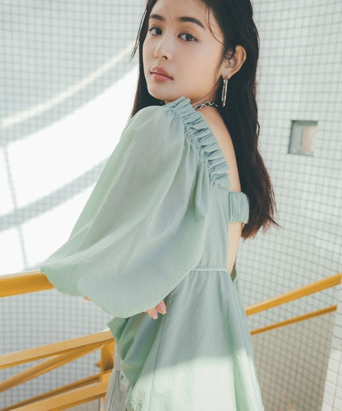 セール】パフスリーブナイロンチュニックブラウス（シャツ/ブラウス